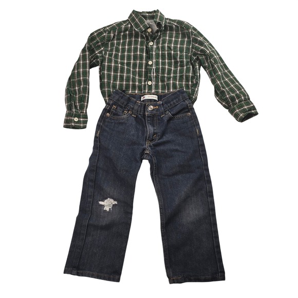 OshKosh B'gosh Other - Boys OshKosh Plaid Shirt and Levis 514 Straight Jeans Set Green Blue Size 4T‎